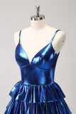 Ink Blue Spaghetti Straps A Line Tiered Short Cocktail Dress