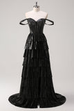 Sparkly Black Silver A Line Off The Shoulder Corset Tiered Formal Dress with Beading