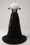 Sparkly Black Silver A Line Off The Shoulder Corset Tiered Formal Dress with Beading