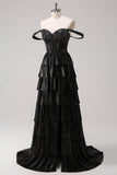 Sparkly Black Silver A Line Off The Shoulder Corset Tiered Formal Dress with Beading