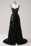 Sparkly Black Silver A Line Off The Shoulder Corset Tiered Formal Dress with Beading