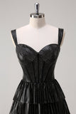 Sparkly Black Silver A Line Off The Shoulder Corset Tiered Formal Dress with Beading