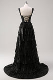 Sparkly Black Silver A Line Off The Shoulder Corset Tiered Formal Dress with Beading