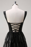 Sparkly Black Silver A Line Off The Shoulder Corset Tiered Formal Dress with Beading