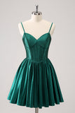 Dark Green A-Line Spaghetti Straps Corset Pleated Cocktail Dress