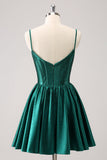 Dark Green A-Line Spaghetti Straps Corset Pleated Cocktail Dress