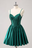 Dark Green A-Line Spaghetti Straps Corset Pleated Cocktail Dress