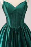 Dark Green A-Line Spaghetti Straps Corset Pleated Cocktail Dress