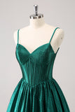 Dark Green A-Line Spaghetti Straps Corset Pleated Cocktail Dress