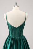 Dark Green A-Line Spaghetti Straps Corset Pleated Cocktail Dress