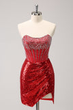 Sparkly Red Strapless Corset Sequined Beaded Tight Cocktail Dress with Slit