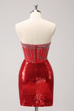 Sparkly Red Strapless Corset Sequined Beaded Tight Cocktail Dress with Slit