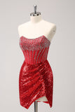 Sparkly Red Strapless Corset Sequined Beaded Tight Cocktail Dress with Slit