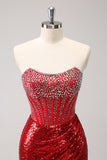 Sparkly Red Strapless Corset Sequined Beaded Tight Cocktail Dress with Slit