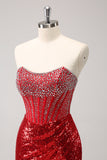 Sparkly Red Strapless Corset Sequined Beaded Tight Cocktail Dress with Slit