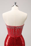 Sparkly Red Strapless Corset Sequined Beaded Tight Cocktail Dress with Slit