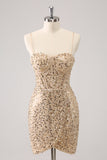 Sparkly Golden Spaghetti Straps Bodycon Cocktail Dress with Sequins