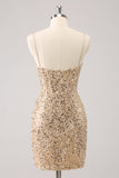 Sparkly Golden Spaghetti Straps Bodycon Cocktail Dress with Sequins