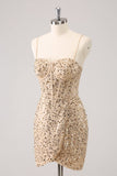 Sparkly Golden Spaghetti Straps Bodycon Cocktail Dress with Sequins