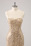 Sparkly Golden Spaghetti Straps Bodycon Cocktail Dress with Sequins