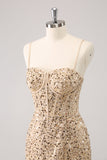 Sparkly Golden Spaghetti Straps Bodycon Cocktail Dress with Sequins