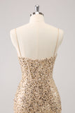 Sparkly Golden Spaghetti Straps Bodycon Cocktail Dress with Sequins