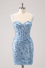 Sparkly Blue Tight Sequins Spaghetti Straps Cocktail Dress