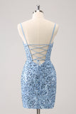 Sparkly Blue Spaghetti Straps Tight Corset Short Cocktail Dress with Sequins