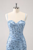 Sparkly Blue Tight Sequins Spaghetti Straps Cocktail Dress