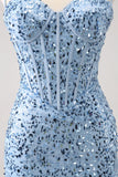 Sparkly Blue Tight Sequins Spaghetti Straps Cocktail Dress