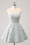 Grey Green A-Line Strapless Floral Short Cocktail Dress