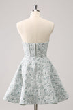 Grey Green A-Line Strapless Floral Short Cocktail Dress