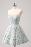 Grey Green A-Line Strapless Floral Short Cocktail Dress