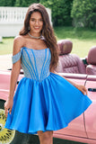 Sparkly Blue A Line Off the Shoulder Corset Cocktail Dress with Beading