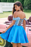 Sparkly Blue A Line Off the Shoulder Corset Cocktail Dress with Beading