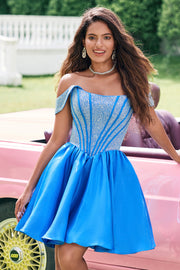 Sparkly Blue A Line Off the Shoulder Corset Cocktail Dress with Beading