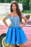 Sparkly Blue A Line Off the Shoulder Corset Cocktail Dress with Beading