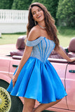 Sparkly Blue A Line Off the Shoulder Corset Cocktail Dress with Beading