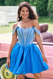 Sparkly Blue A Line Off the Shoulder Corset Cocktail Dress with Beading