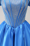 Sparkly Blue A-Line Off the Shoulder Beaded Satin Cocktail Dress