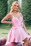 Cute Pink A Line Strapless Beaded Corset Ruffle Cocktail Dress with Bows