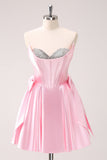 Pink A Line Strapless Corset Beaded Cocktail Dress with Bows