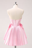 Pink A Line Strapless Corset Beaded Cocktail Dress with Bows