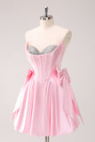 Pink A Line Strapless Corset Beaded Cocktail Dress with Bows