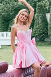 Cute Pink A Line Strapless Beaded Corset Ruffle Cocktail Dress with Bows