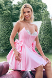 Cute Pink A Line Strapless Beaded Corset Ruffle Cocktail Dress with Bows