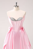 Pink A Line Strapless Corset Beaded Cocktail Dress with Bows