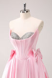 Pink A Line Strapless Corset Beaded Cocktail Dress with Bows