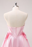 Pink A Line Strapless Corset Beaded Cocktail Dress with Bows