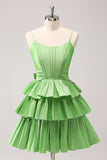 Cute A Line Corset Green Pleated Tiered Short Cocktail Dress with Bows